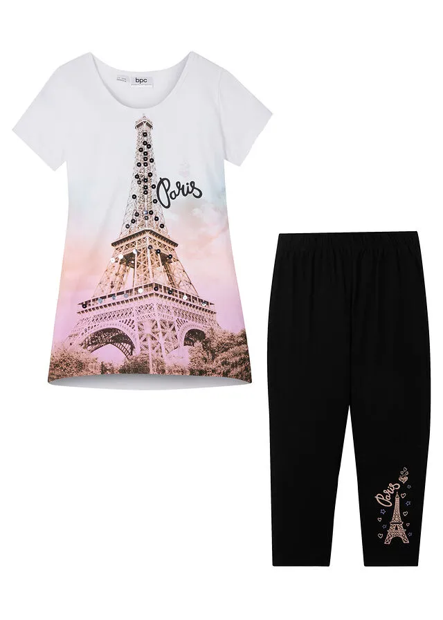 CAMISETA + LEGGINGS 3/4 PARA NIñAS (2 PIEZAS) DE ALGODóN ORGáNICO BLANCONEGRO